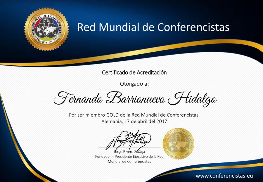 Certificado de Acreditación del Conferencista Internacional Fernando Barrionuevo